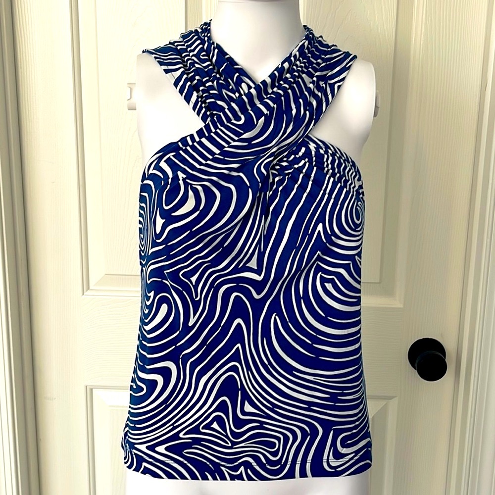 The Limited Y2K Blue and White Swirls Graphic Criss Cross Halter Top-XS